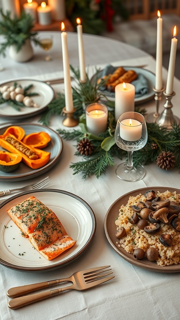 A festive non-traditional Christmas dinner with salmon, butternut squash, and risotto on a decorated table.